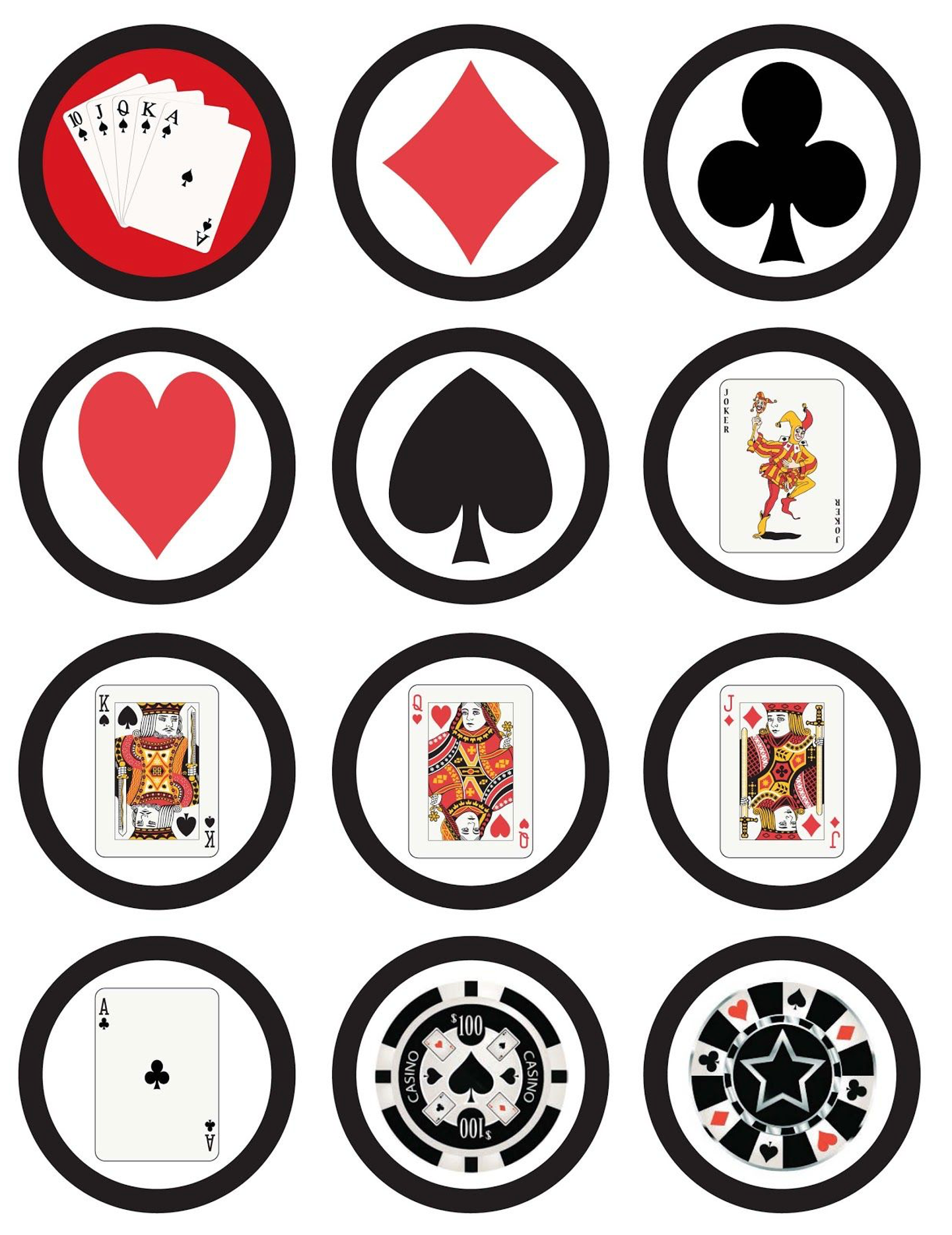 Set of 12 "poker, card game, casino" pre cut edible image discs for desserts, drink toppers, choose your size