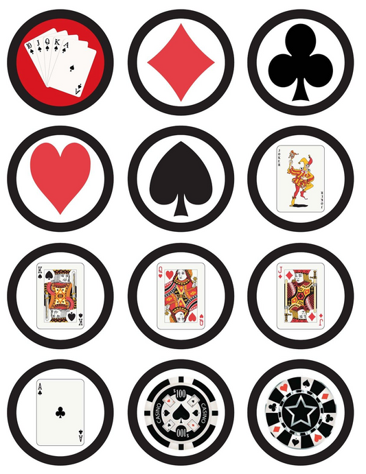 Set of 12 "poker, card game, casino" pre cut edible image discs for desserts, drink toppers, choose your size