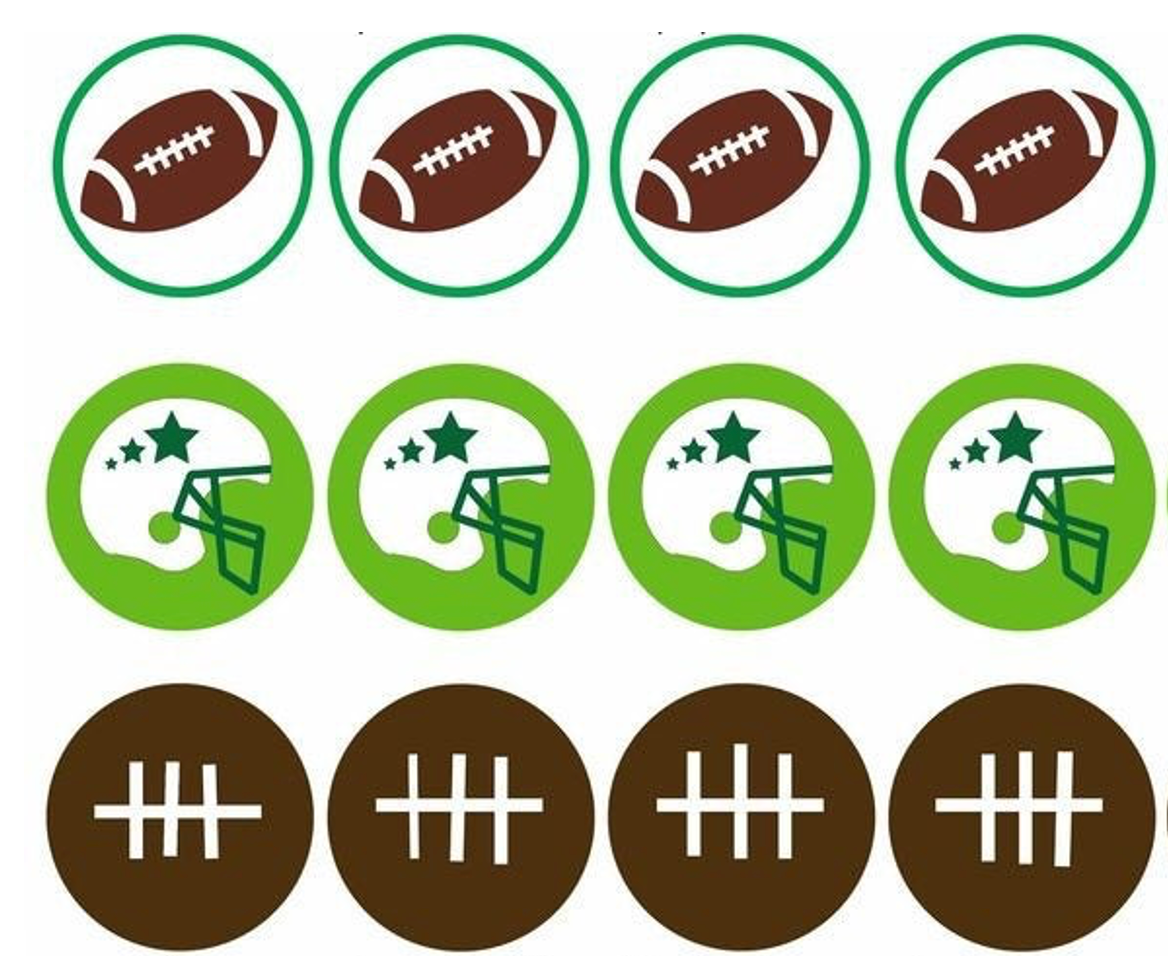 Set of 12 "Kids Football" pre cut edible image discs for desserts, drink toppers, choose your size