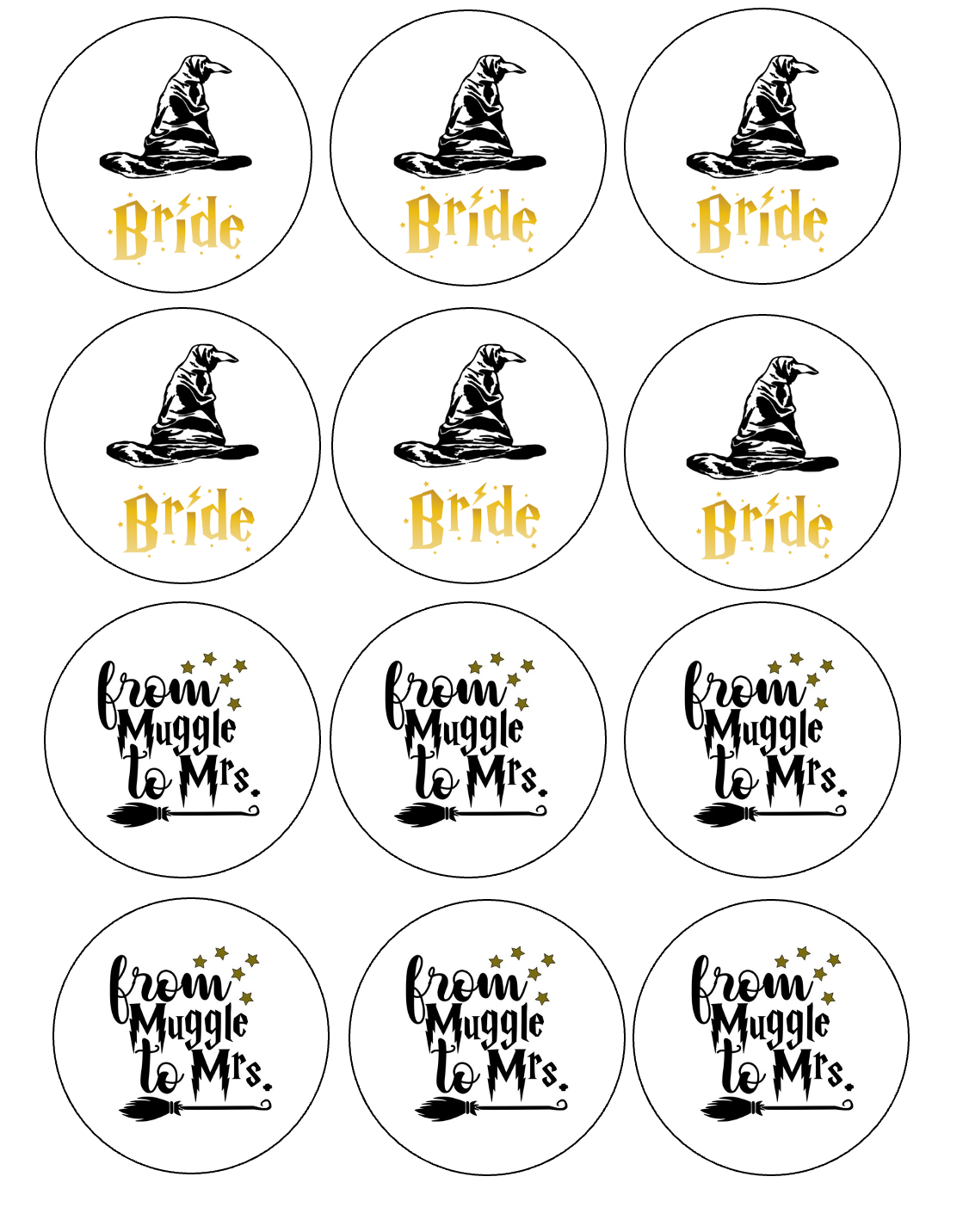 Set of 12 "Harry Potter Engagement Bachelorette" pre cut edible image discs for desserts, drink toppers, choose your size