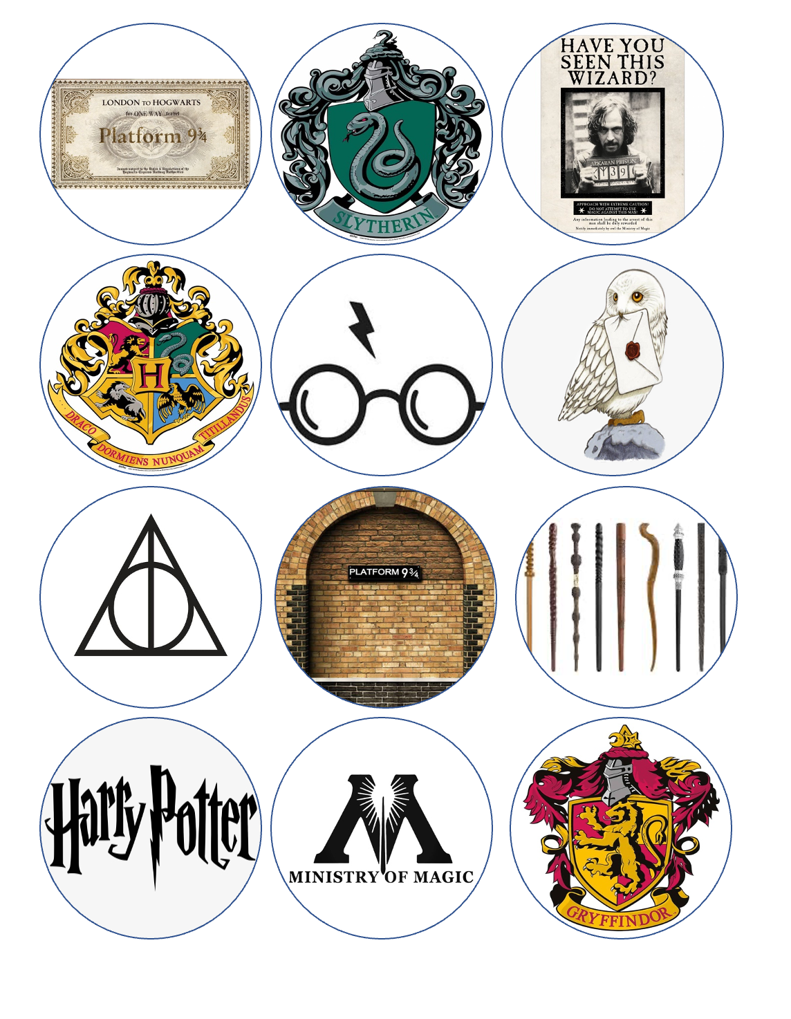 Set of 12 "Harry Potter" pre cut edible image discs for desserts, drink toppers, choose your size