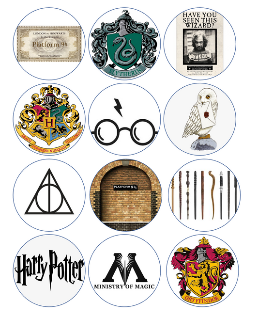 Set of 12 "Harry Potter" pre cut edible image discs for desserts, drink toppers, choose your size