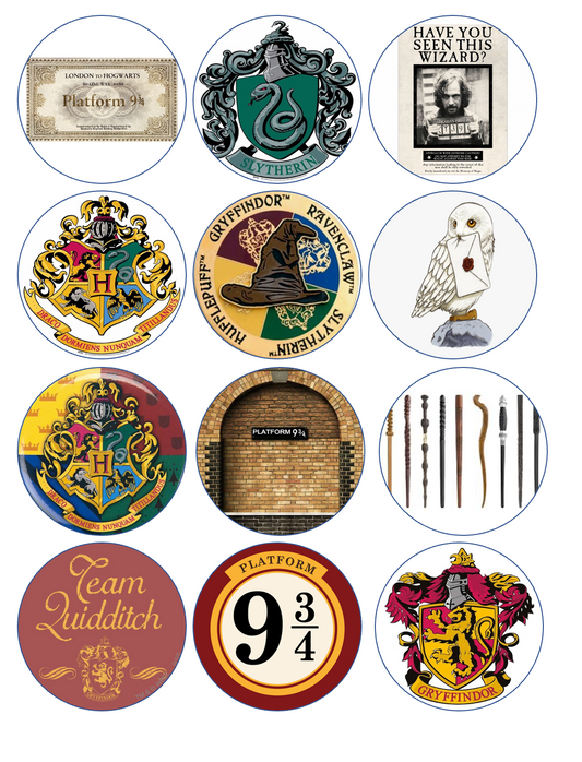 Set of 12 "Harry Potter" pre cut edible image discs for desserts, drink toppers, choose your size