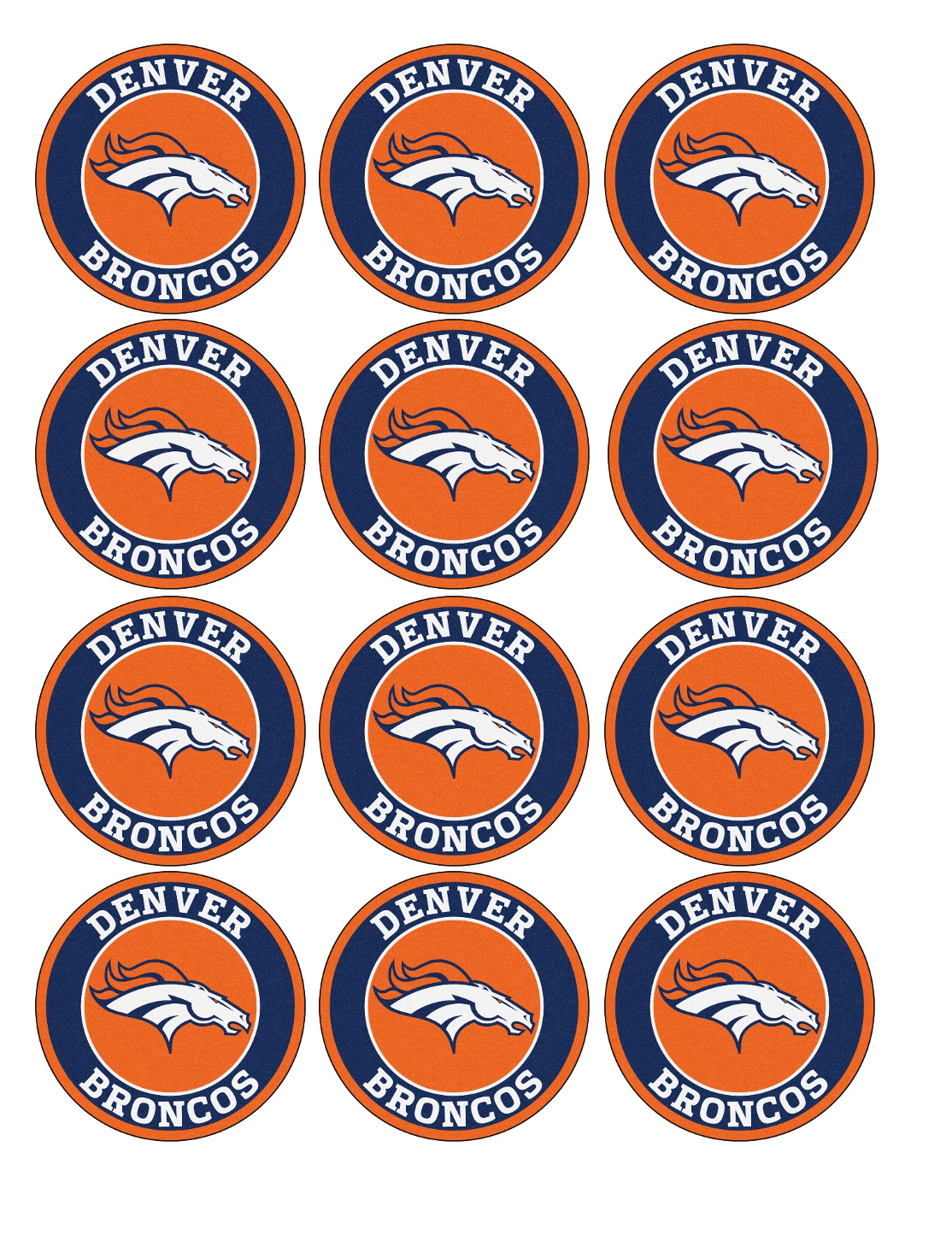 Set of 12 "Denver Broncos" pre cut edible image discs for desserts, drink toppers, choose your size