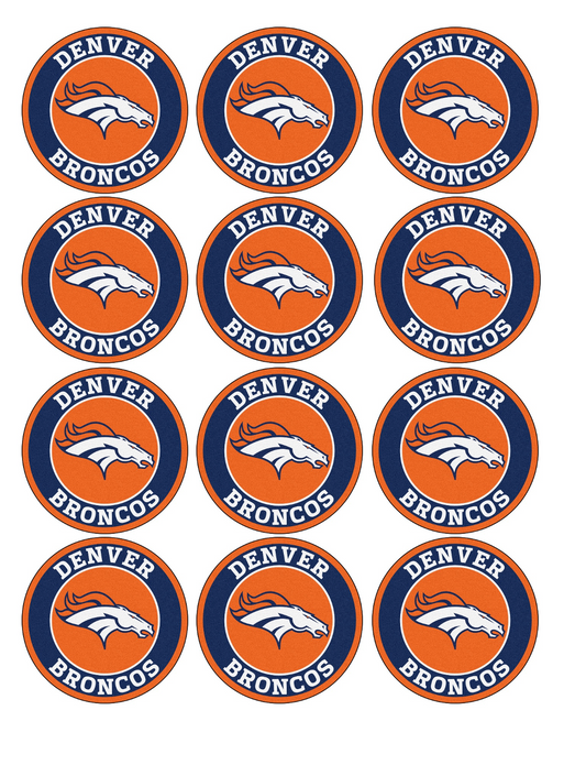 Set of 12 "Denver Broncos" pre cut edible image discs for desserts, drink toppers, choose your size