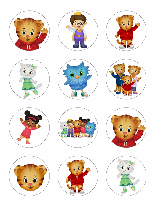 Set of 12 "Daniel Tiger" pre cut edible image discs for desserts, drink toppers, choose your size
