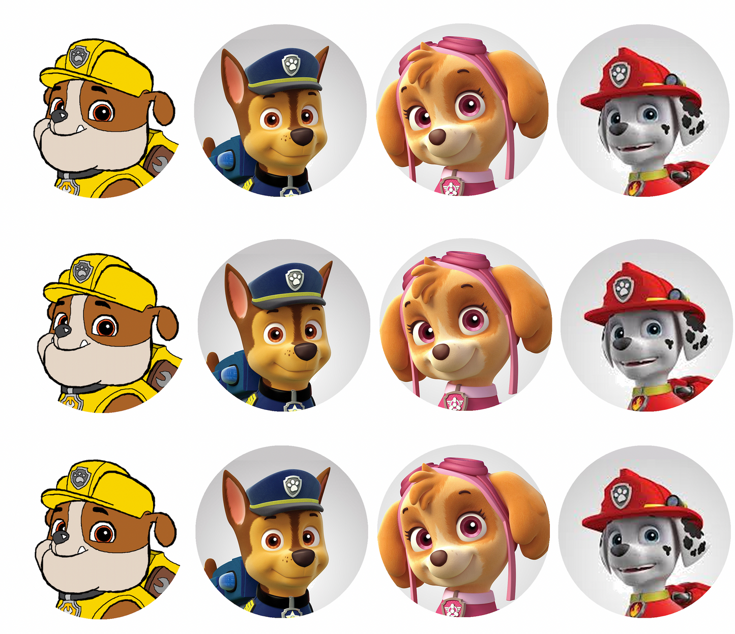 Set of 12 "Paw Patrol" pre cut edible image discs for desserts, drink toppers, choose your size