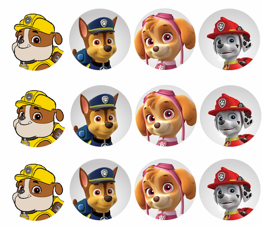 Set of 12 "Paw Patrol" pre cut edible image discs for desserts, drink toppers, choose your size