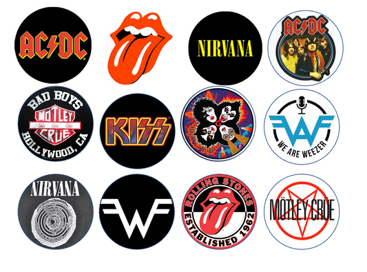 Set of 12 "80's 90's rock bands mix" pre cut edible image discs for desserts, drink toppers, choose your size
