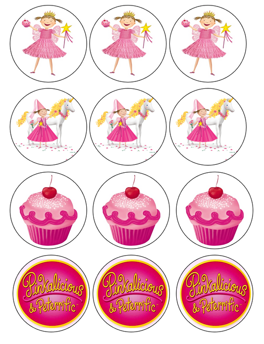 Set of 12 "Pinkalicious" pre cut edible image discs for desserts, drink toppers, choose your size