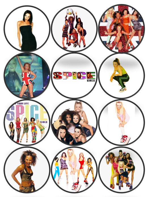 Set of 12 "Spice Girls" pre cut edible image discs for desserts, drink toppers, choose your size
