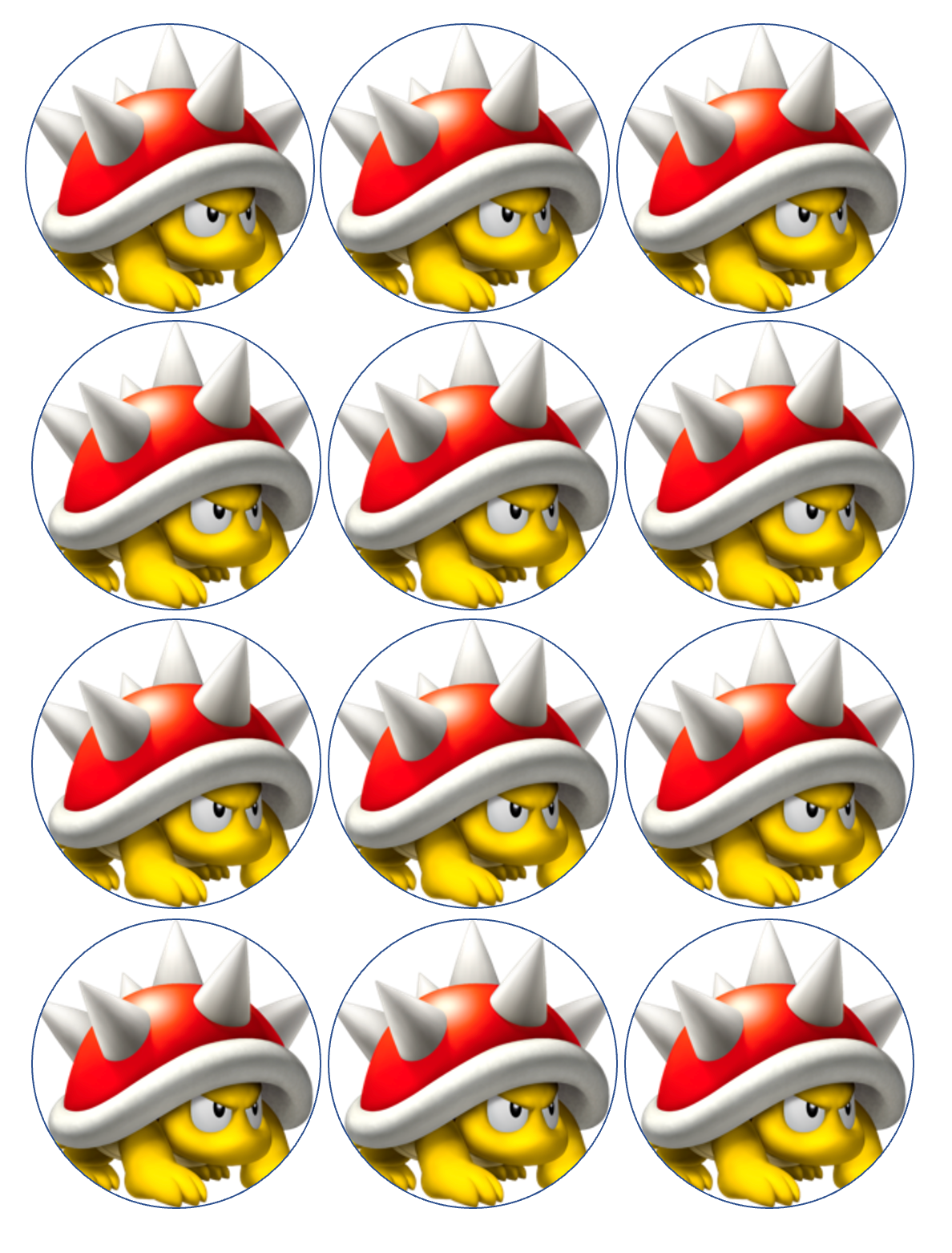 Set of 12 "Mario, Spiny" pre cut edible image discs for desserts, drink toppers, choose your size