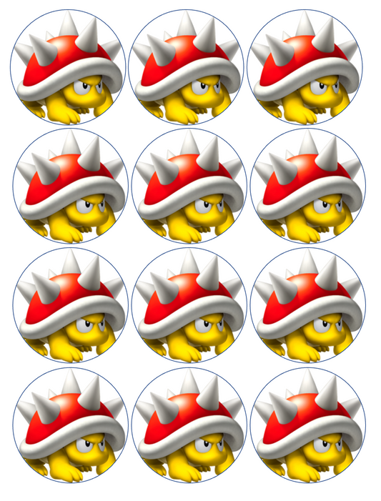 Set of 12 "Mario, Spiny" pre cut edible image discs for desserts, drink toppers, choose your size