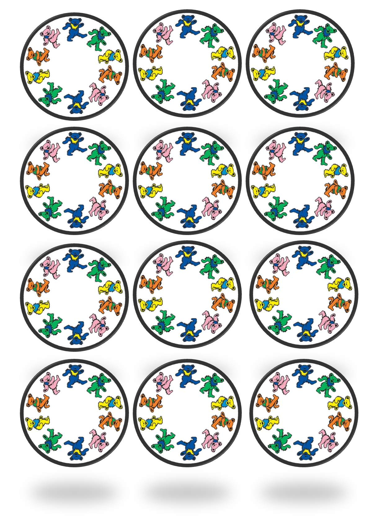 Set of 12 "Grateful Dead Dancing Bears" pre cut edible image discs for desserts, drink toppers, choose your size