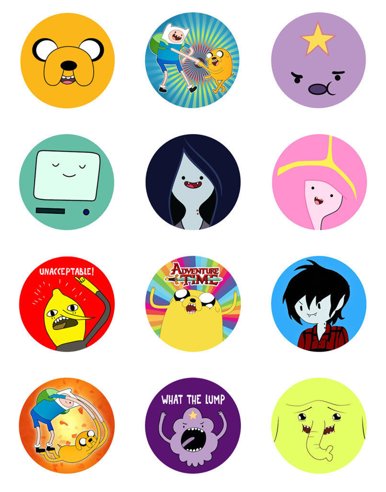 Set of 12 "Adventure Time" pre cut edible image discs for desserts, drink toppers, choose your size