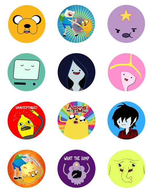 Set of 12 "Adventure Time" pre cut edible image discs for desserts, drink toppers, choose your size