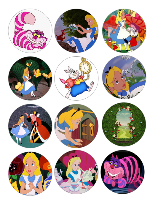 Set of 12 "Alice in Wonderland" pre cut edible image discs for desserts, drink toppers, choose your size