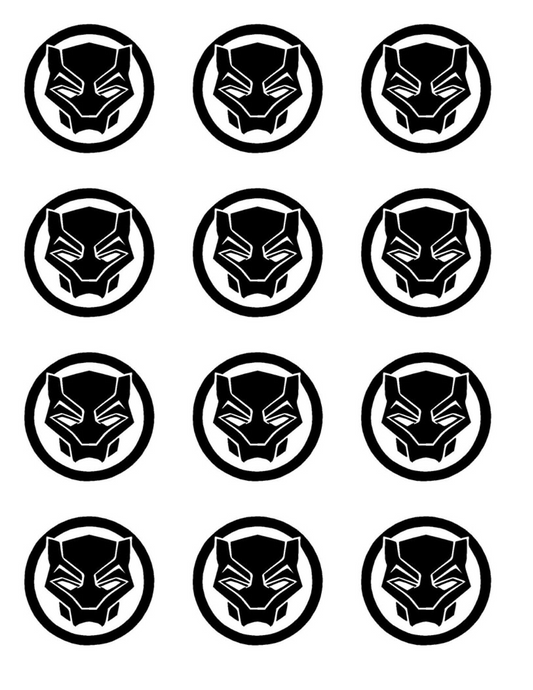 Set of 12 "Black Panther" pre cut edible image discs for desserts, drink toppers, choose your size