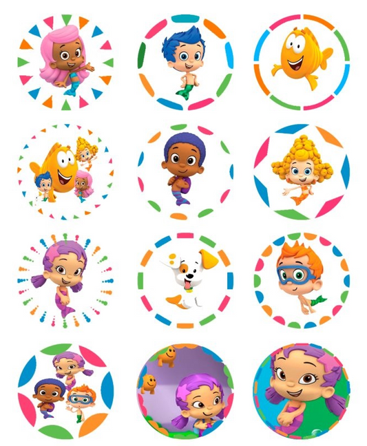 Set of 12 "Bubble Guppies" pre cut edible image discs for desserts, drink toppers, choose your size
