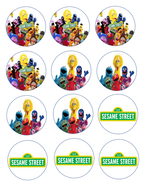 Set of 12 "Sesame Street" pre cut edible image discs for desserts, drink toppers, choose your size
