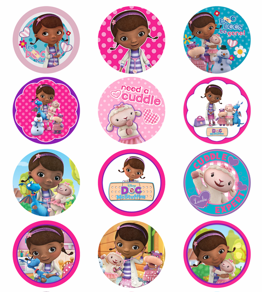 Set of 12 "Doc Mcstuffins" pre cut edible image discs for desserts, drink toppers, choose your size