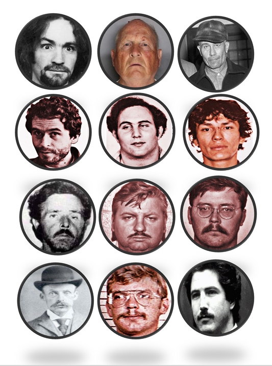 Set of 12 "serial killers" pre cut edible image discs for desserts, drink toppers, choose your size