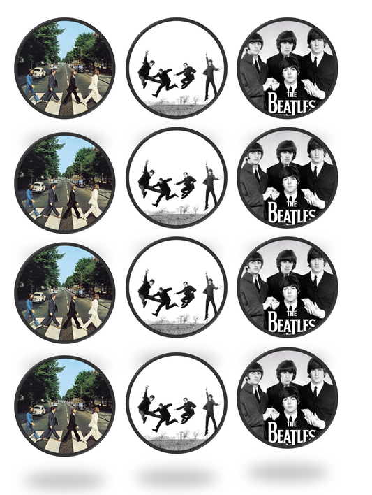 Set of 12 "The Beatles" pre cut edible image discs for desserts, drink toppers, choose your size