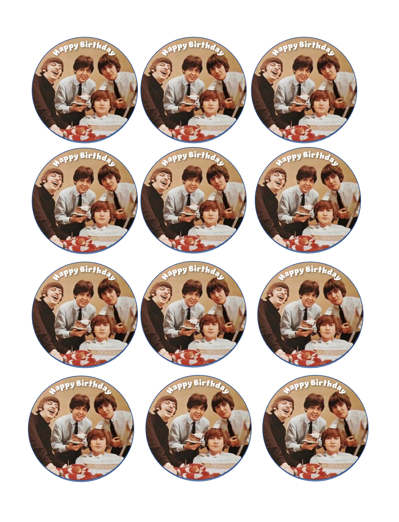 Set of 12 "The Beatles Happy Birthday" pre cut edible image discs for desserts, drink toppers, choose your size