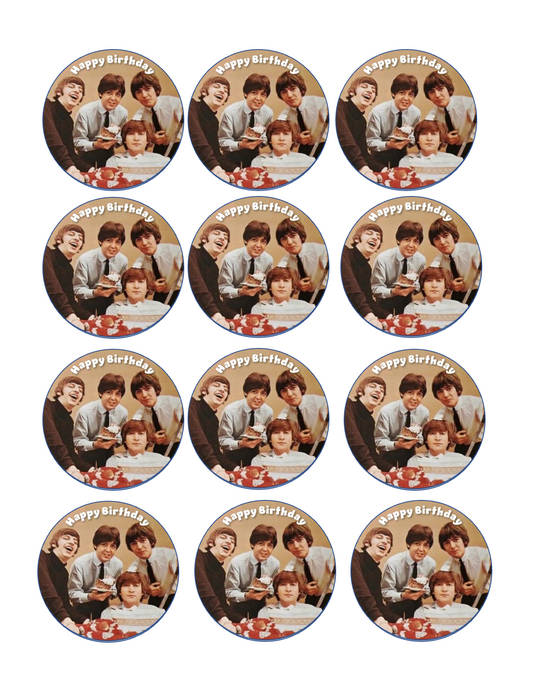 Set of 12 "The Beatles Happy Birthday" pre cut edible image discs for desserts, drink toppers, choose your size