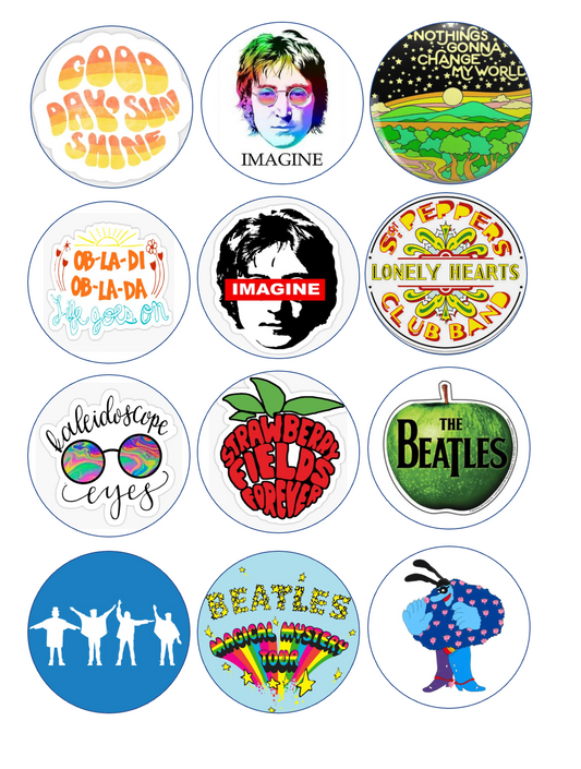 Set of 12 "The Beatles" pre cut edible image discs for desserts, drink toppers, choose your size