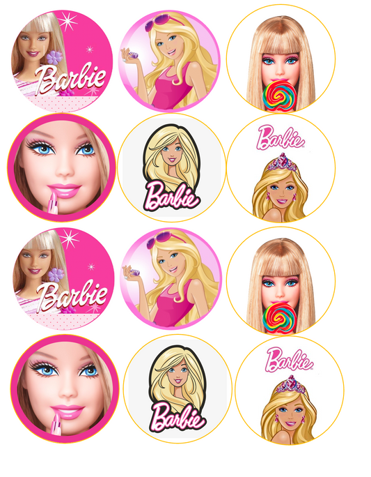 Set of 12 "Barbie" pre cut edible image discs for desserts, drink toppers, choose your size