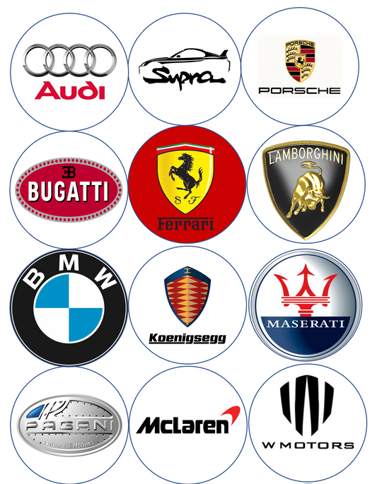 Set of 12 "Race Car/ Luxury car Logos" pre cut edible image discs for desserts, drink toppers, choose your size