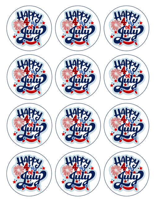 Set of 12 "4th of July" pre cut edible image discs for desserts, drink toppers, choose your size