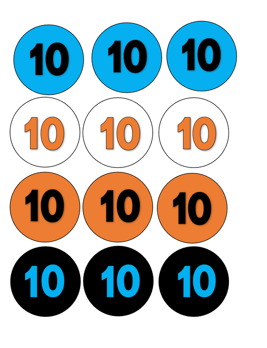 Set of 12 "10th Birthday, 10 theme" pre cut edible image discs for desserts, drink toppers, choose your size
