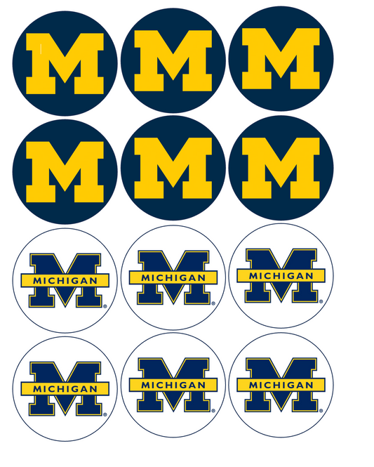 Set of 12 "University of Michigan U of M" pre cut edible image discs for desserts, drink toppers, choose your size (Copy) (Copy) (Copy) (Copy)