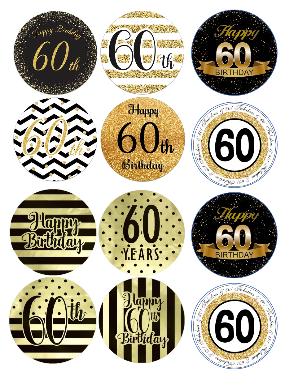 Set of 12 "gold and black 60th birthday" pre cut edible image discs for desserts, drink toppers, choose your size