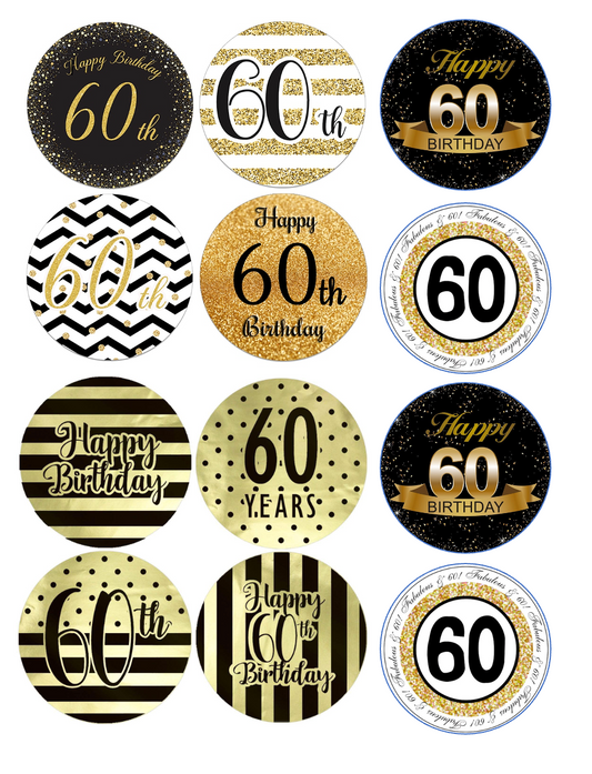 Set of 12 "gold and black 60th birthday" pre cut edible image discs for desserts, drink toppers, choose your size
