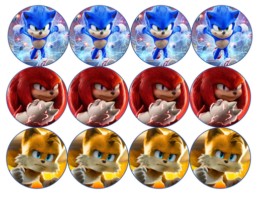 Set of 12 "Sonic" pre cut edible image discs for desserts, drink toppers, choose your size