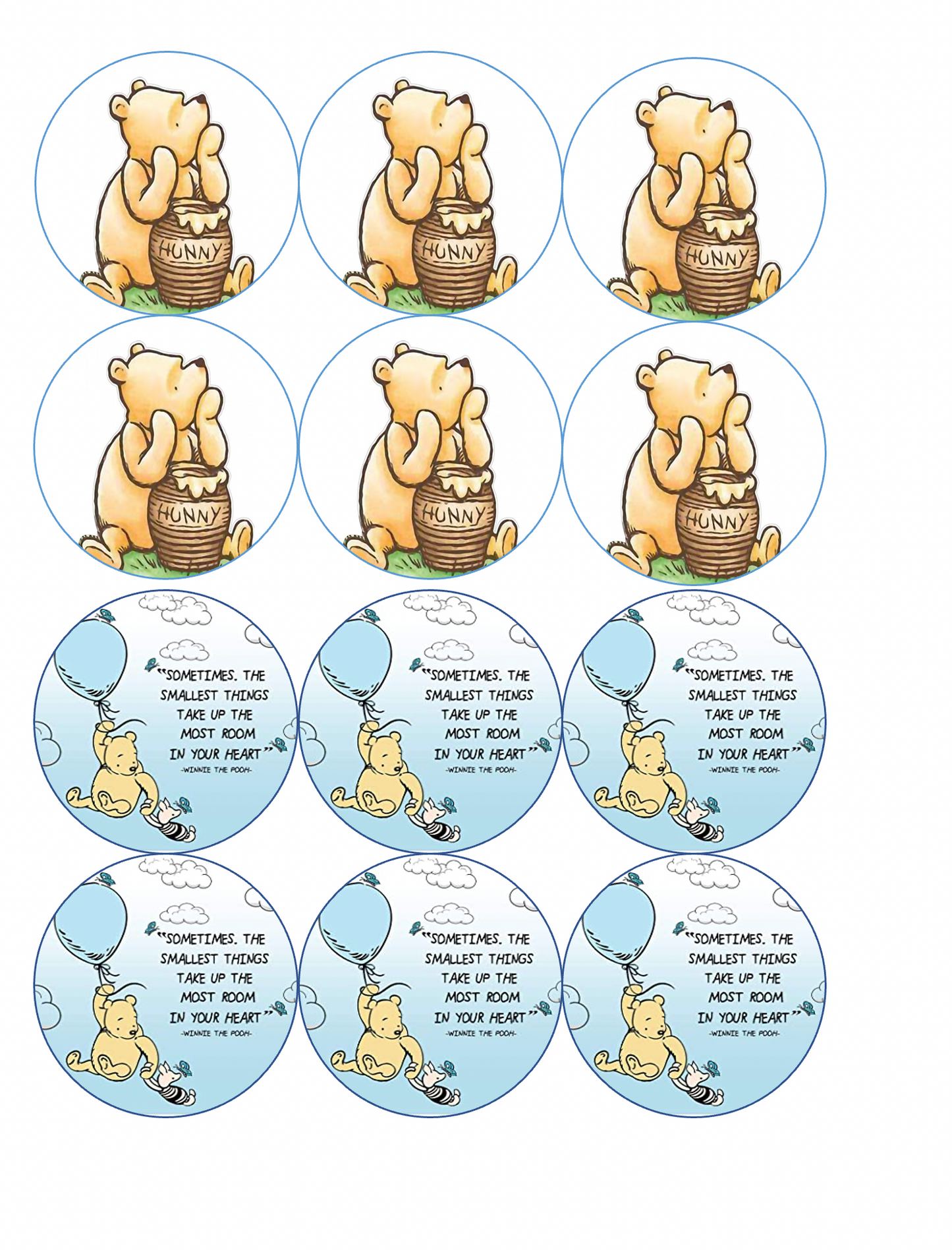 Set of 12 "Winnie the Pooh" pre cut edible image discs for desserts, drink toppers, choose your size