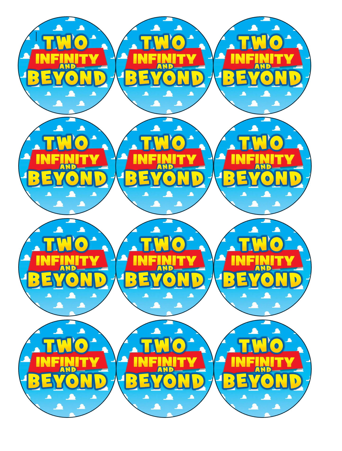 Set of 12 "Two Infinity and Beyond, 2nd Birthday, Toy Story" pre cut edible image discs for desserts, drink toppers, choose your size