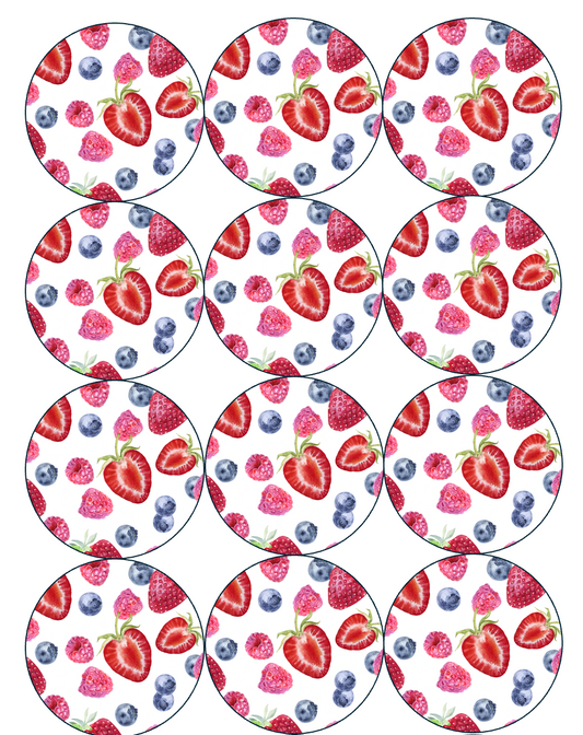 Set of 12 "Summer Berries Picnic" pre cut edible image discs for desserts, drink toppers, choose your size