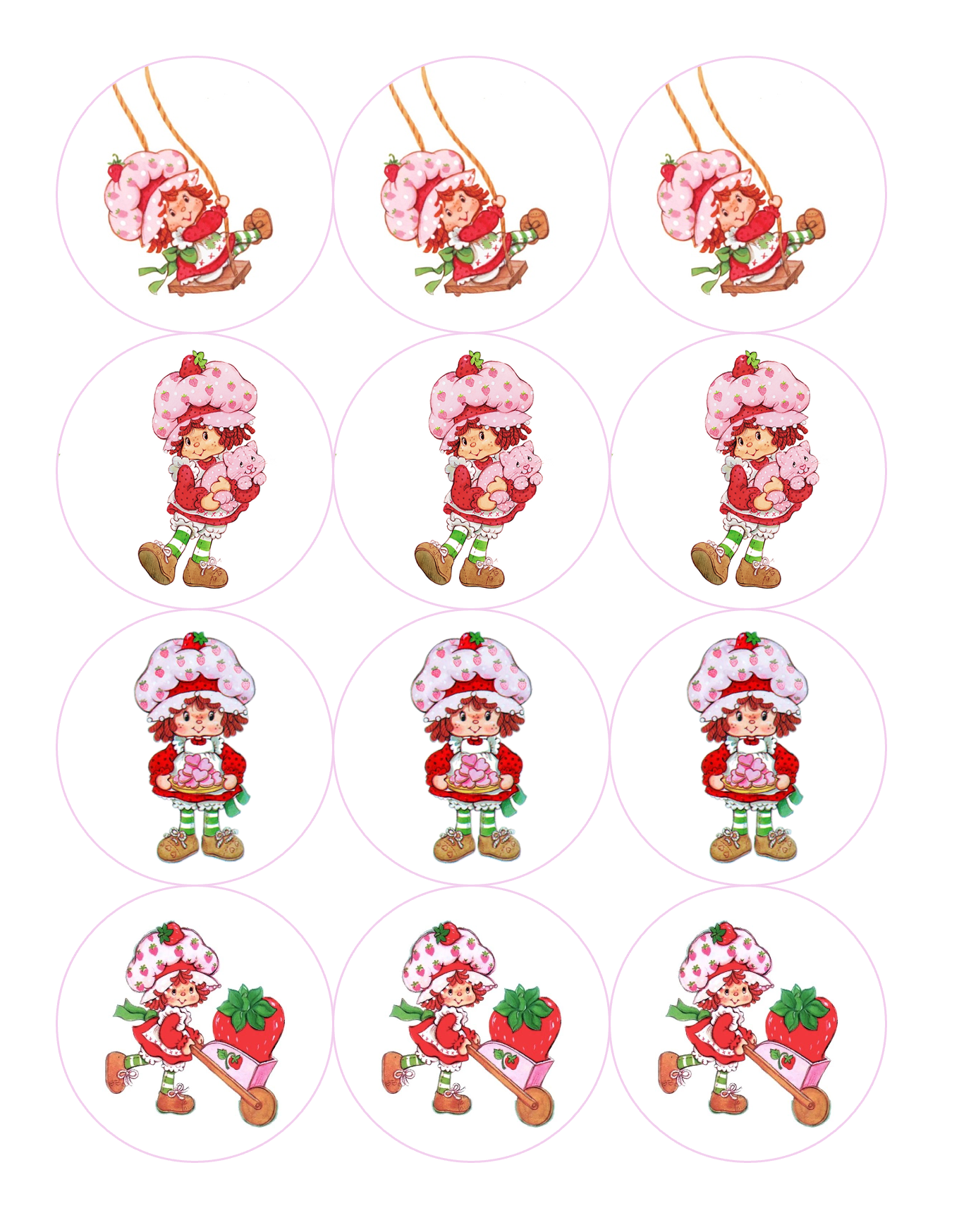 Set of 12 "Strawberry Shortcake" pre cut edible image discs for desserts, drink toppers, choose your size