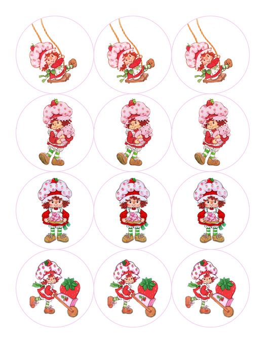 Set of 12 "Strawberry Shortcake" pre cut edible image discs for desserts, drink toppers, choose your size