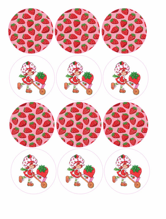 Set of 12 "Strawberry Shortcake" pre cut edible image discs for desserts, drink toppers, choose your size