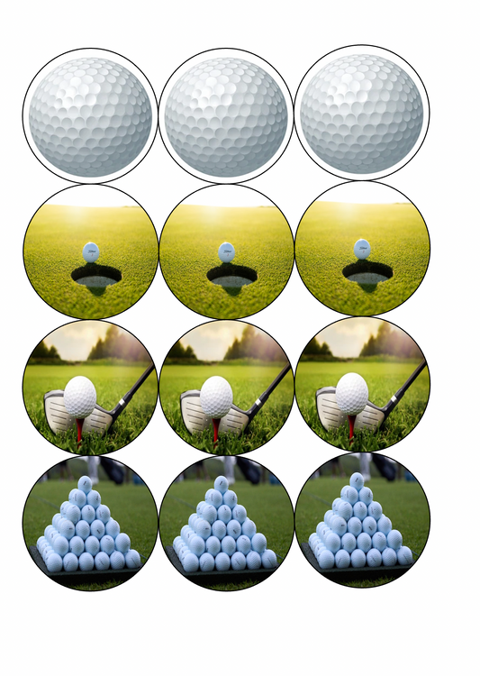 Set of 12 "Golf" pre cut edible image discs for desserts, drink toppers, choose your size