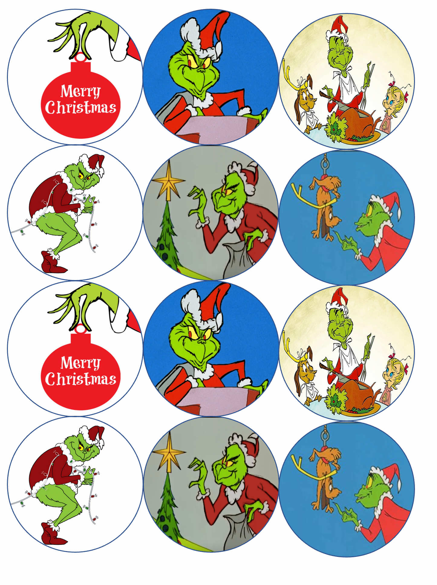 Set of 12 "Grinch" pre cut edible image discs for desserts, drink toppers, choose your size (Copy) (Copy)