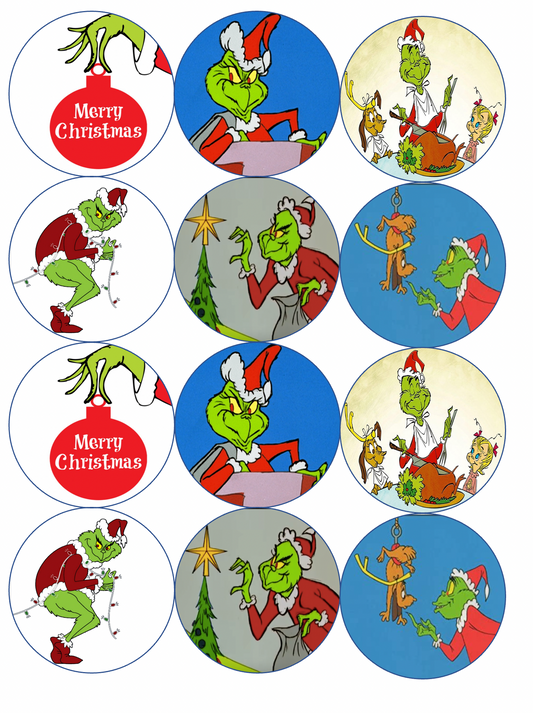 Set of 12 "Grinch" pre cut edible image discs for desserts, drink toppers, choose your size (Copy) (Copy)