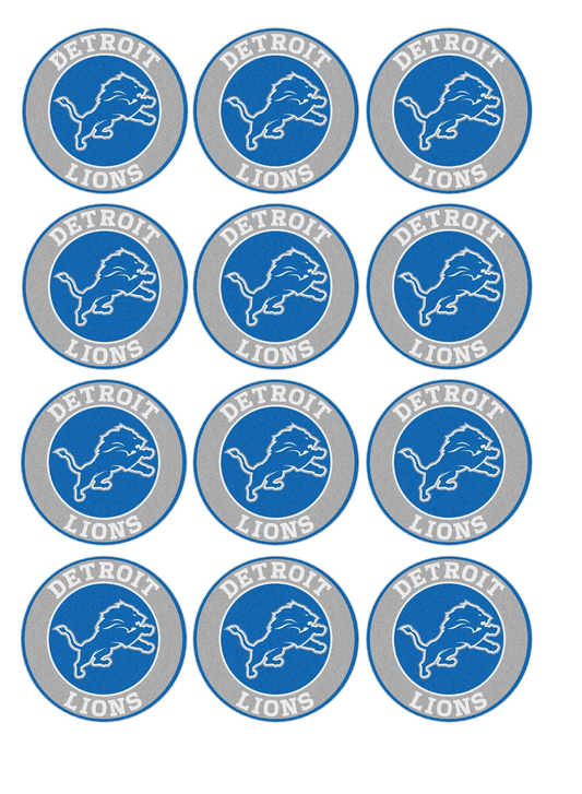 Set of 12 "Detroit Lions Football" pre cut edible image discs for desserts, drink toppers, choose your size