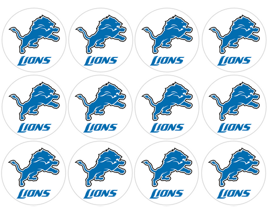 Set of 12 "Detroit Lions Football" pre cut edible image discs for desserts, drink toppers, choose your size