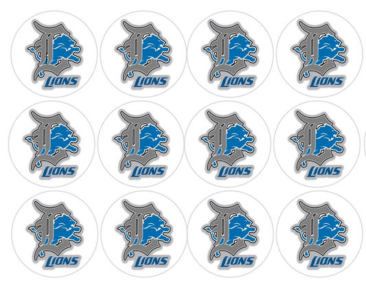 Set of 12 "Detroit Lions Football" pre cut edible image discs for desserts, drink toppers, choose your size